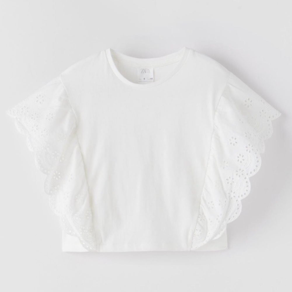 Zara Girls Boxy Scalloped Flutter Sleeve White Tee